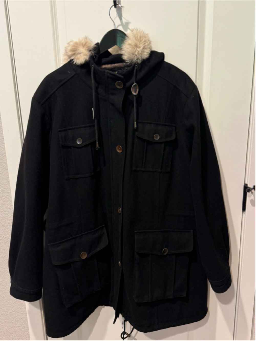 Women's Marc New York Wool Jacket Zip Front Faux Fur Hood Black Beige Size 2X